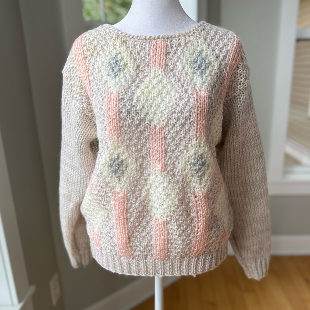 Vintage 80s Donagain Peach White Tan Boatneck Sweater Size Medium
